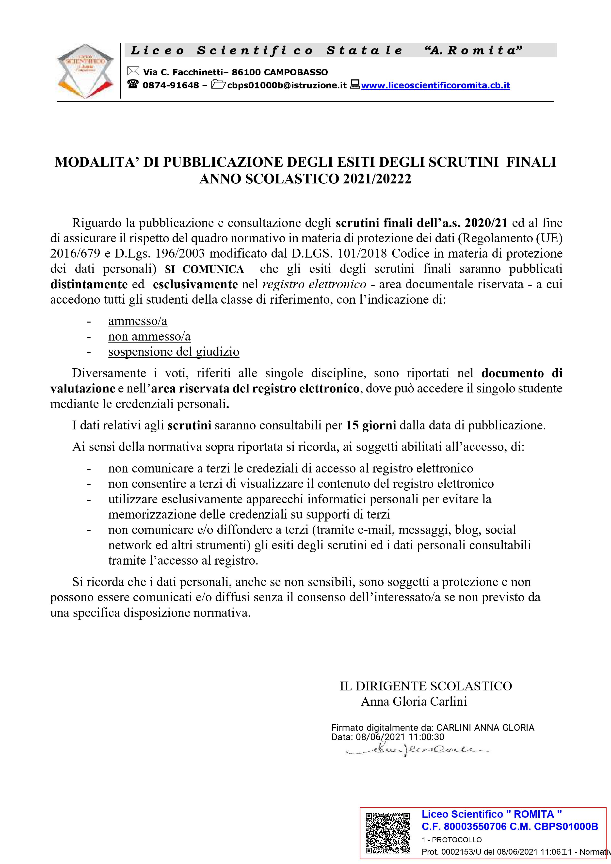 modalità pubblicazione esiti finali