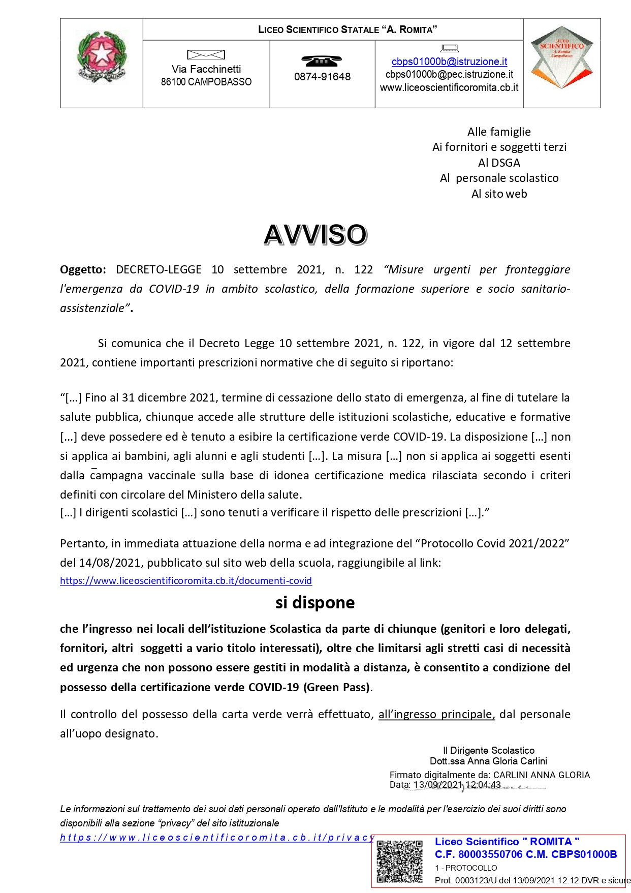 timbro protocollo AVVISO DECRETO LEGGE 10 settembre 2021 n. 122 1 page 0001